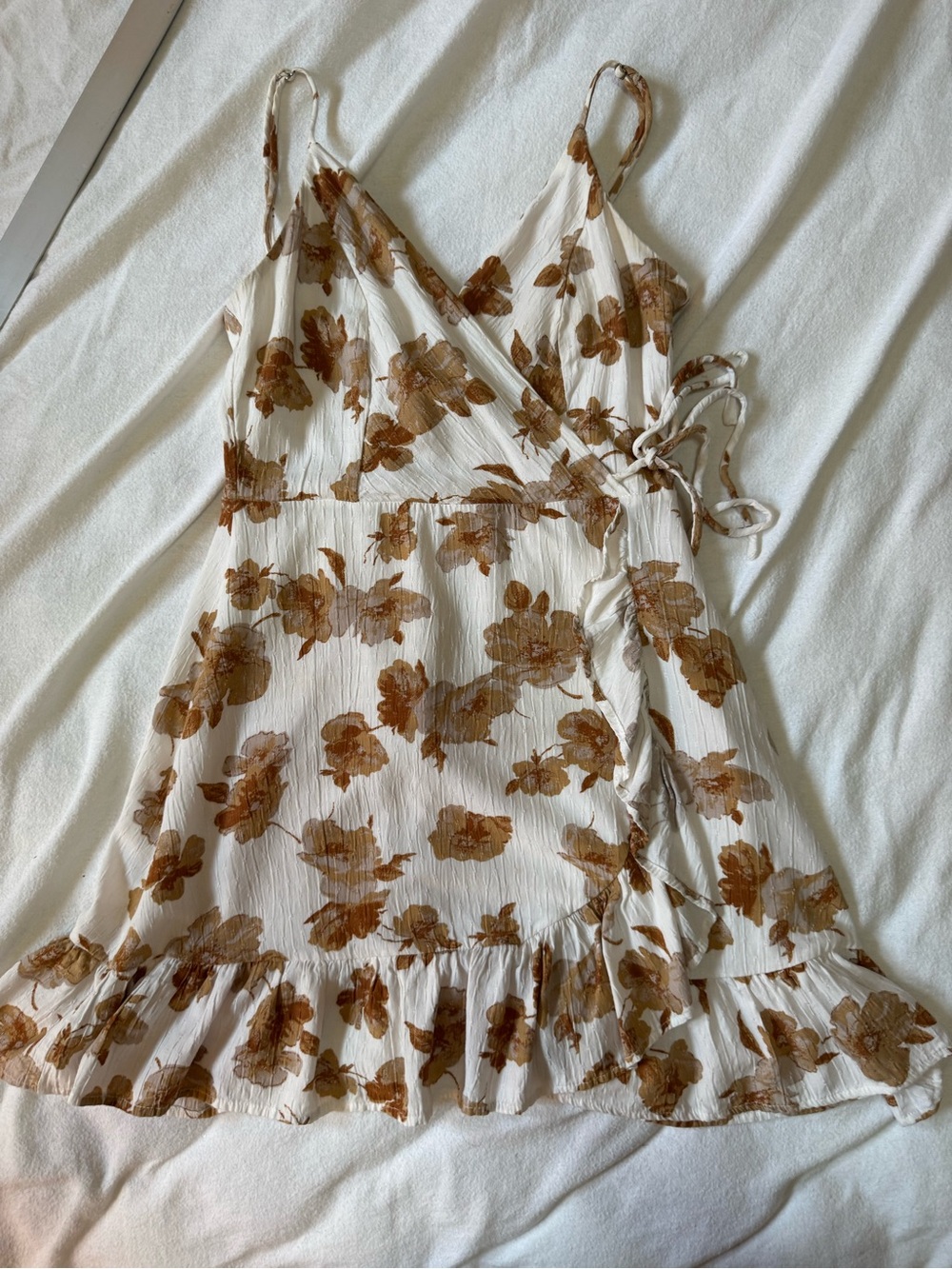 Altar’d State Floral Mini Dress XS Brown Cream Boho Ruffle Tie Strap